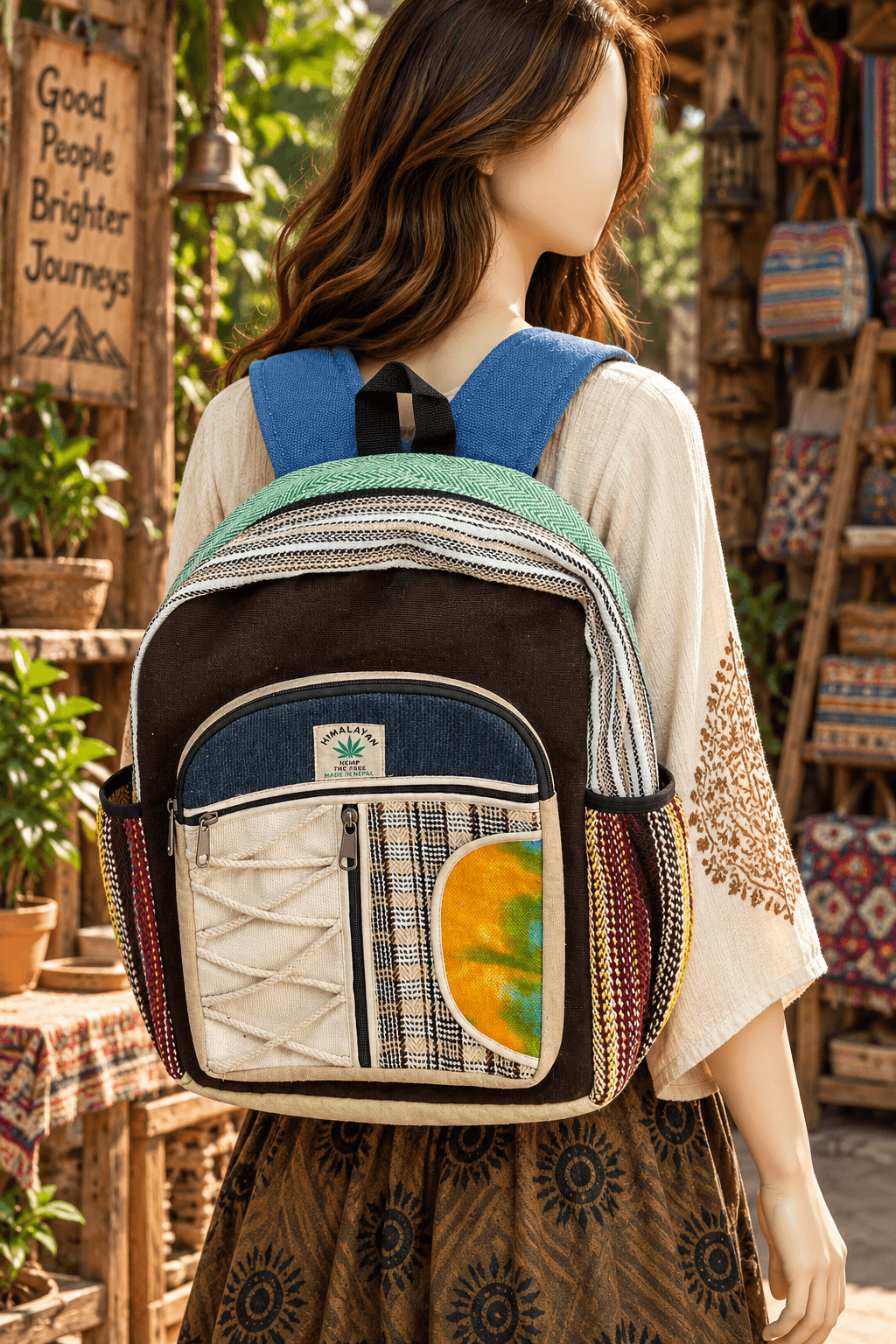 Hemp Patchwork Backpack - Handmade Felt Product from Nepal